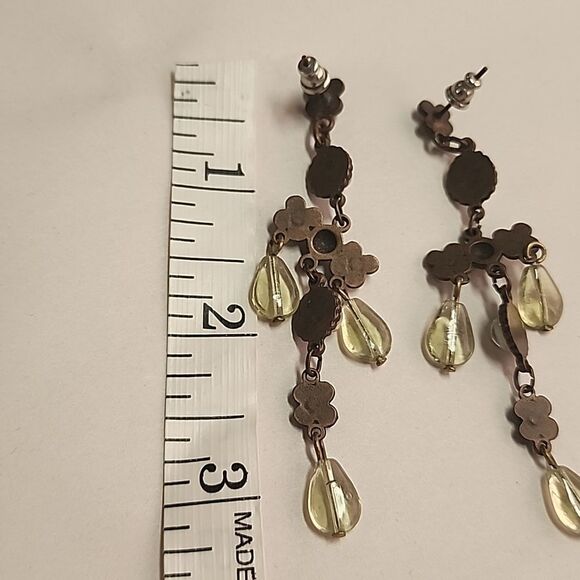 Gorgeous Chandelier Earrings Bronze Green Rhinestone Flower Dangle Drop Womens - Picture 4 of 4